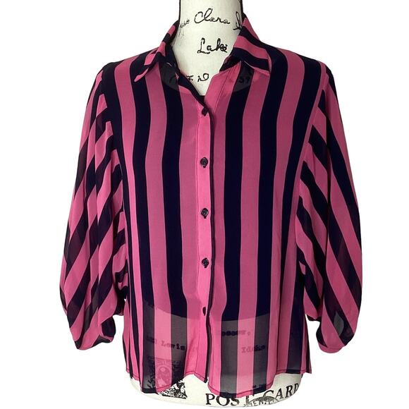Vintage Sans Souci Sheer Stripe Blouse Button Front Batwing Dolman Sleeves Small - Picture 1 of 13